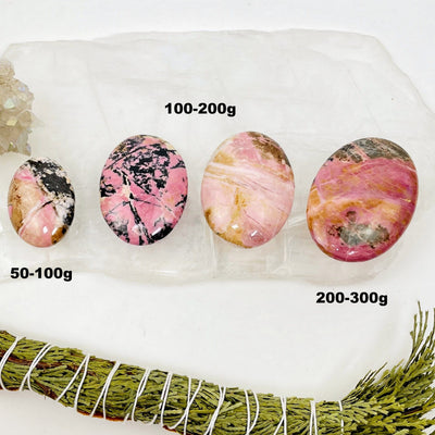 4 Rhodonite Palm Stones in different sizes on a selenite slab with a plant