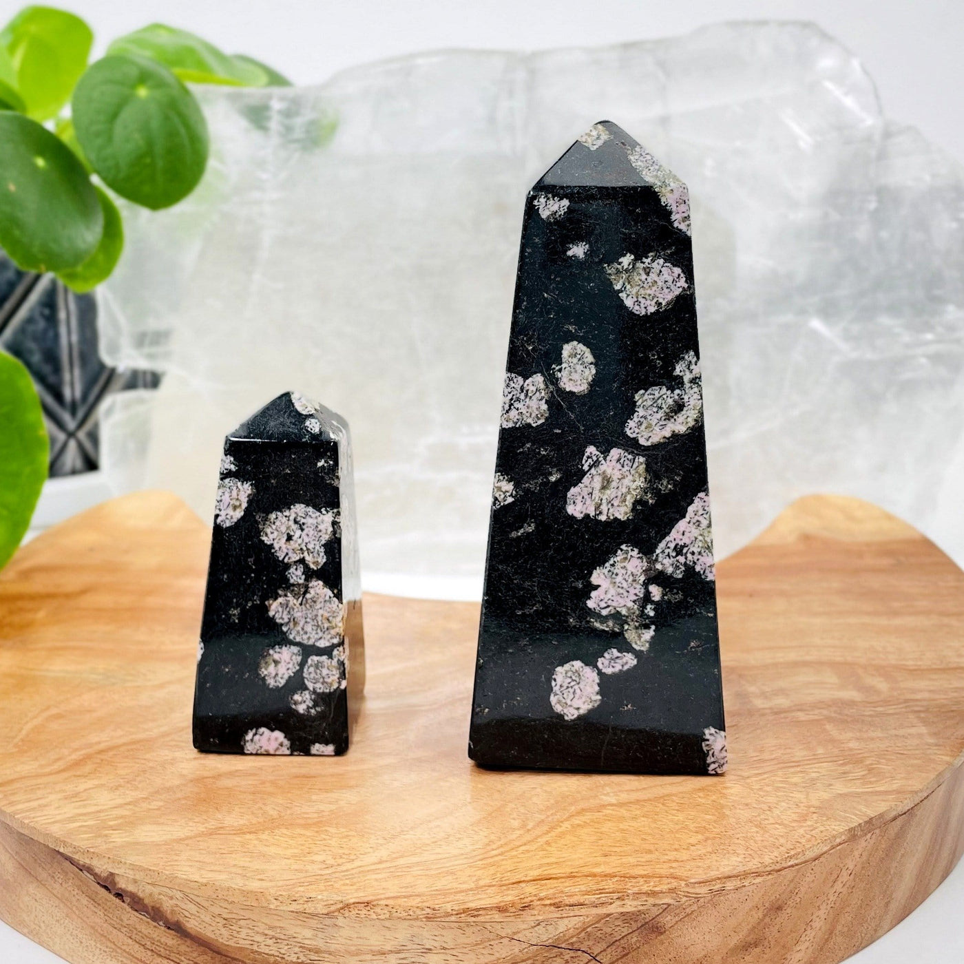 2 different sized black jade with pink thulite obelisks with decorations in the background