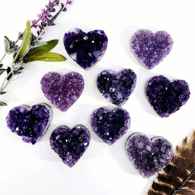 amethyst hearts with decorations in the background