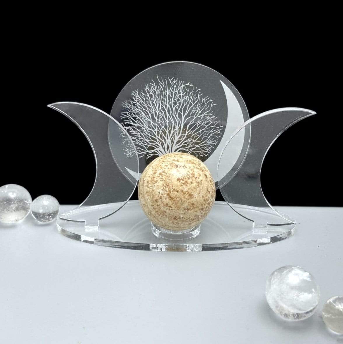 Front facing - Acrylic Sphere Holder Crescent Moons - Tree of Life holding a sphere with surrounding small spheres for display.