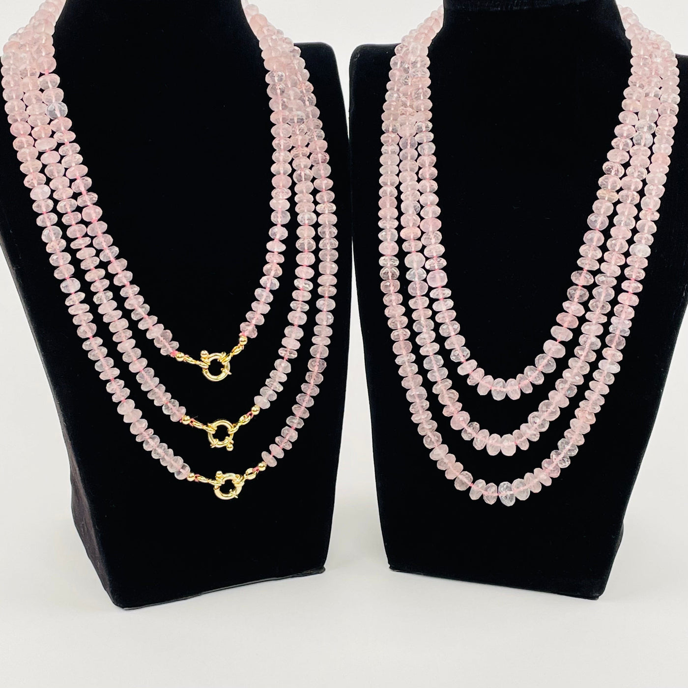faceted rose quartz necklaces displayed to show the clasp side and back side 