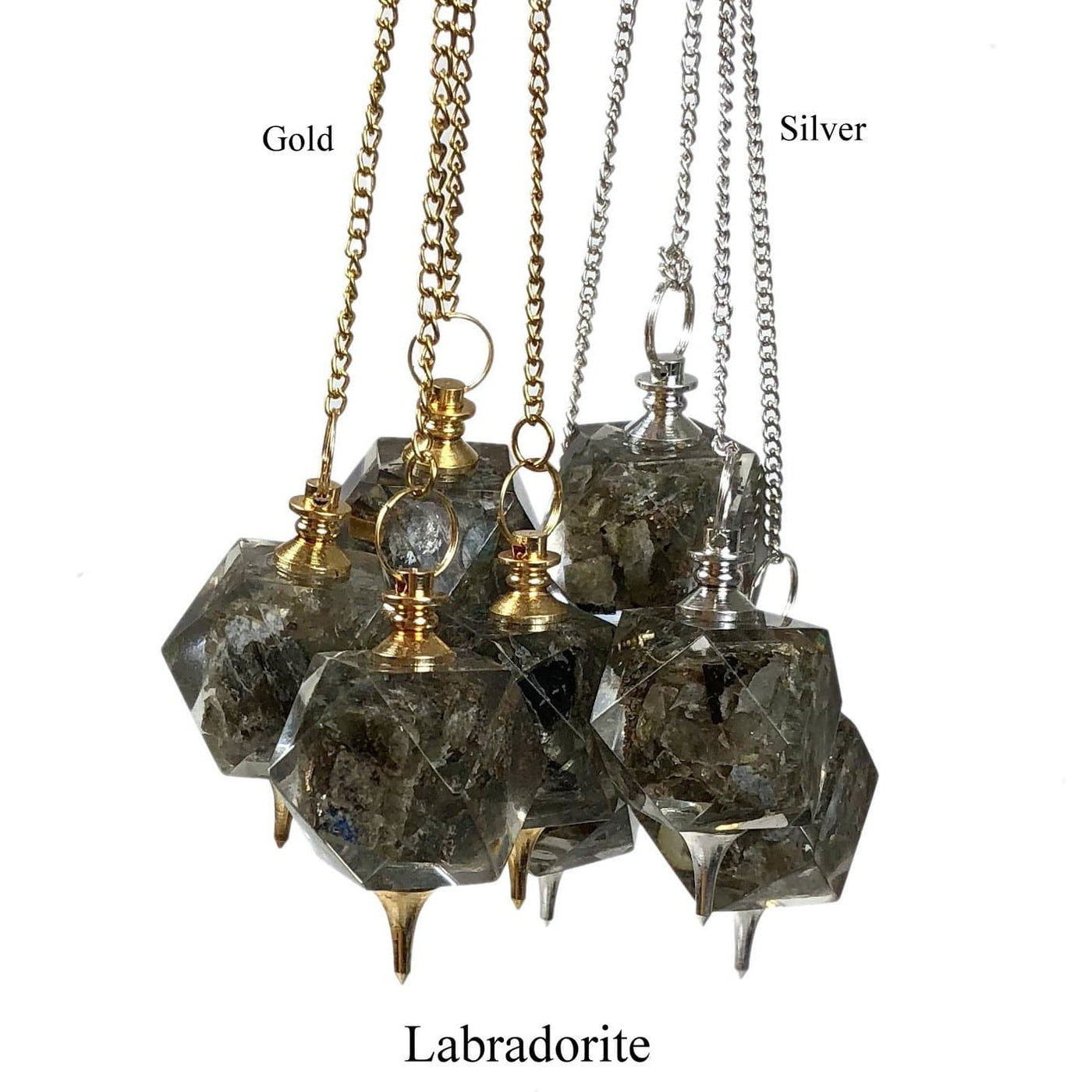 Three Labradorite Pendulum with Gold chain on the left and three Labradorite Pendulum with silver chain on the right