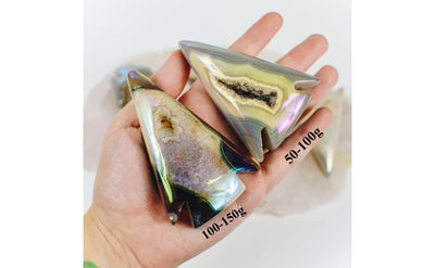 2 Titanium Agate Druzy Arrowheads shown in hand for size and color reference