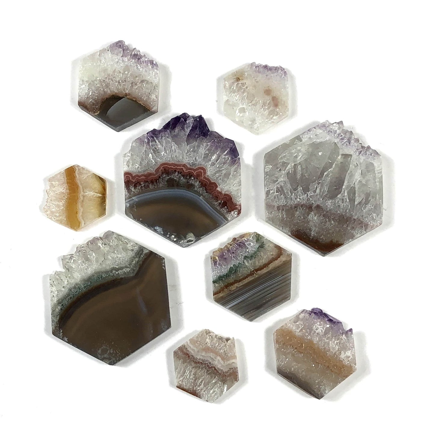Hexagon Amethyst slice displayed in various sizes