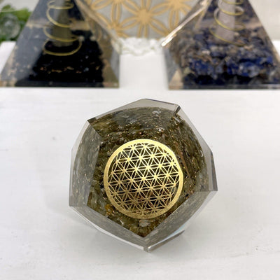 Orgone Energy - Labradorite with Gold Flower of Life Grid - Dodecahedron shaped --top shot view of dodecahedron for sides.