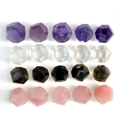 Geometric Shapes Gemstone Dodecahedron in different stones on a white background