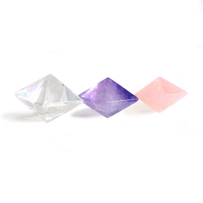 1 of each, rose quartz, amethyst. rose quartz Gemstone Octahedron up close