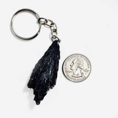 one black kyanite keychain next to a quarter on a white background.  It is larger than the quarter.