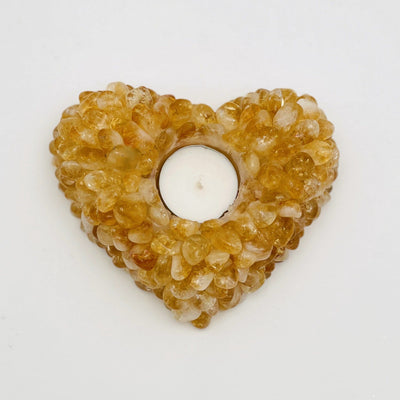 Citrine Tumbled stone Heart Candle Holder with a votive in it