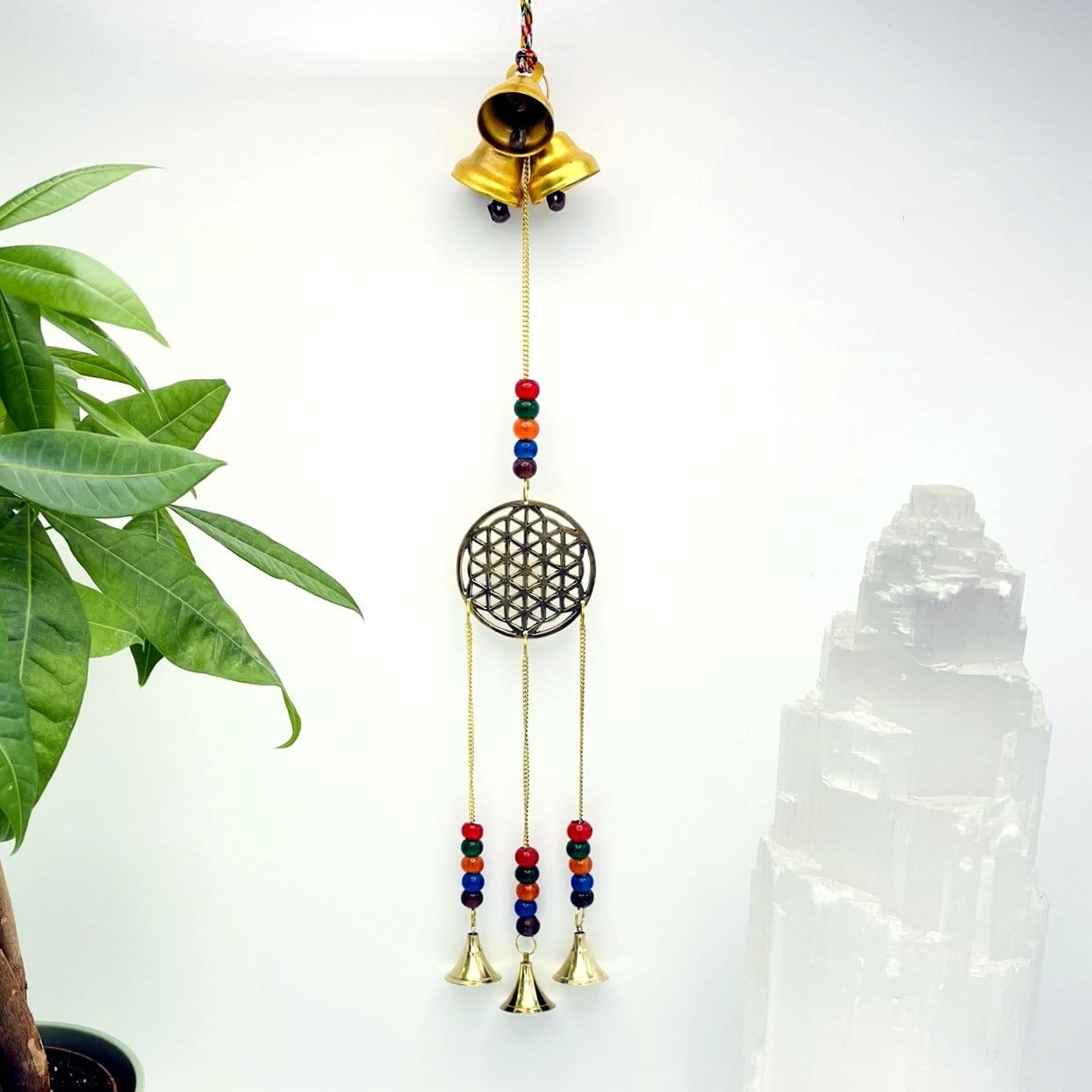 Brass Triple Bell Hanging Flower of Life with decorations