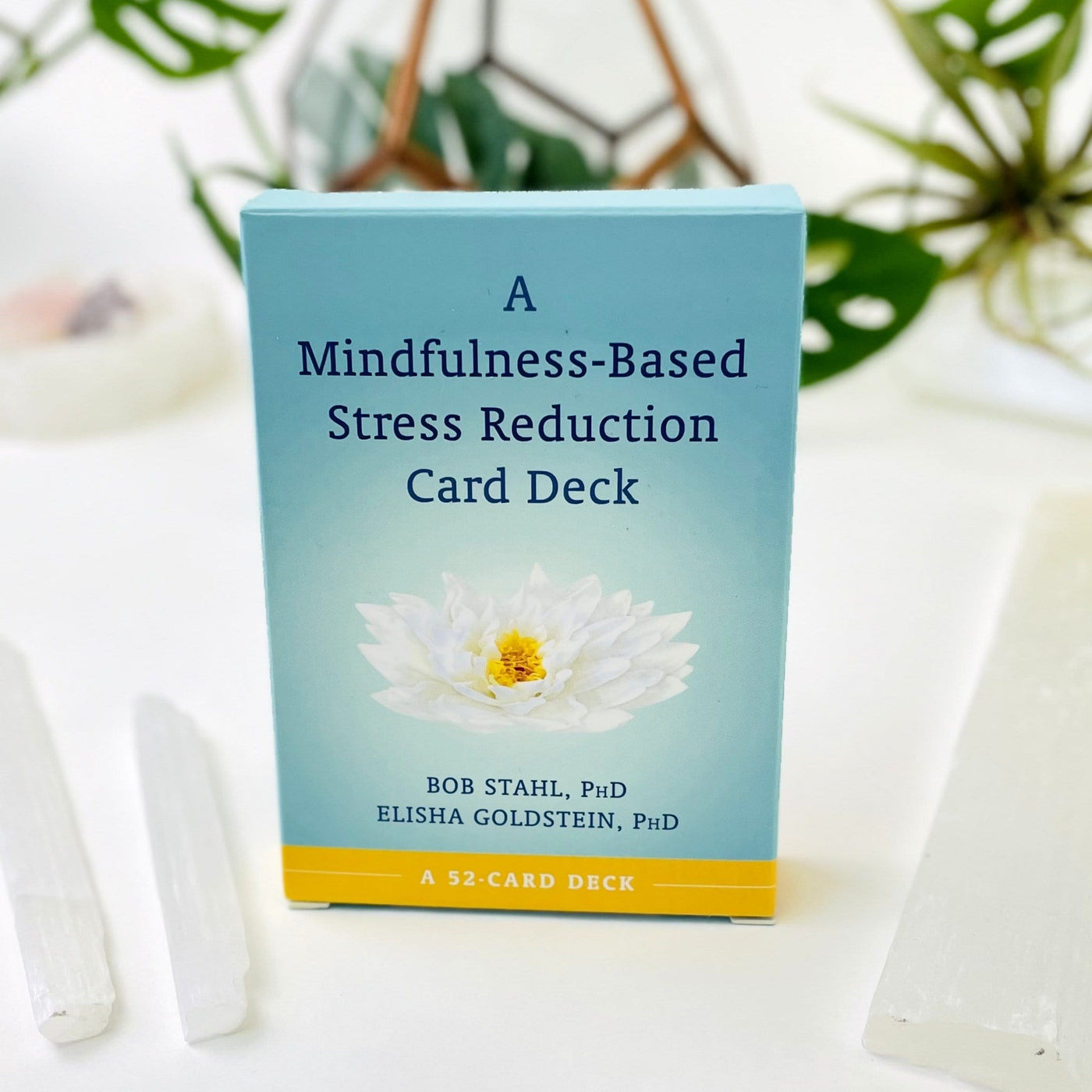 A Mindfulness-Based Stress Reduction Card Deck displayed in an alter showing the front cover.