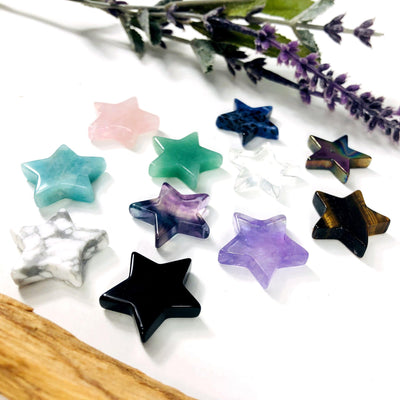 Angled view of 11 different Star Gemstone Cabochons
