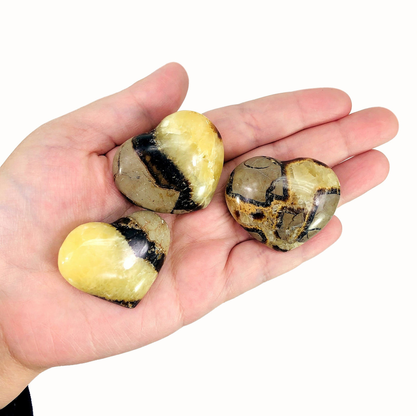 three septarian polished heart stones in hand for size reference
