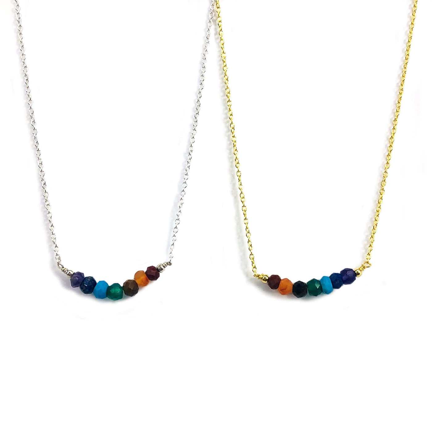 mini bead chakra necklace displayed in gold and silver 