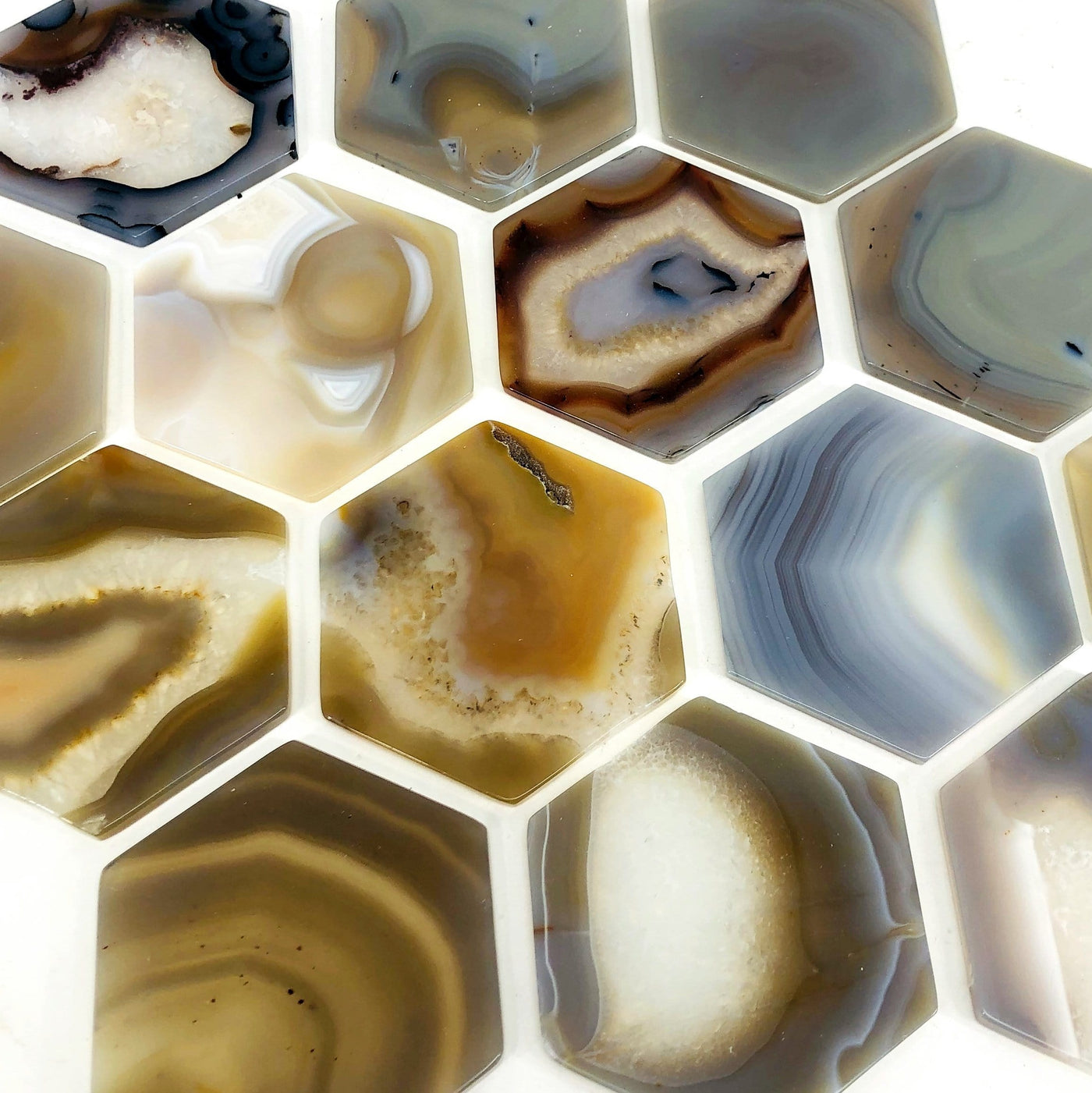 natural agate hexagons on a table