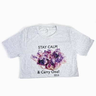 gray Stay Calm and Carry One t shirt on white background