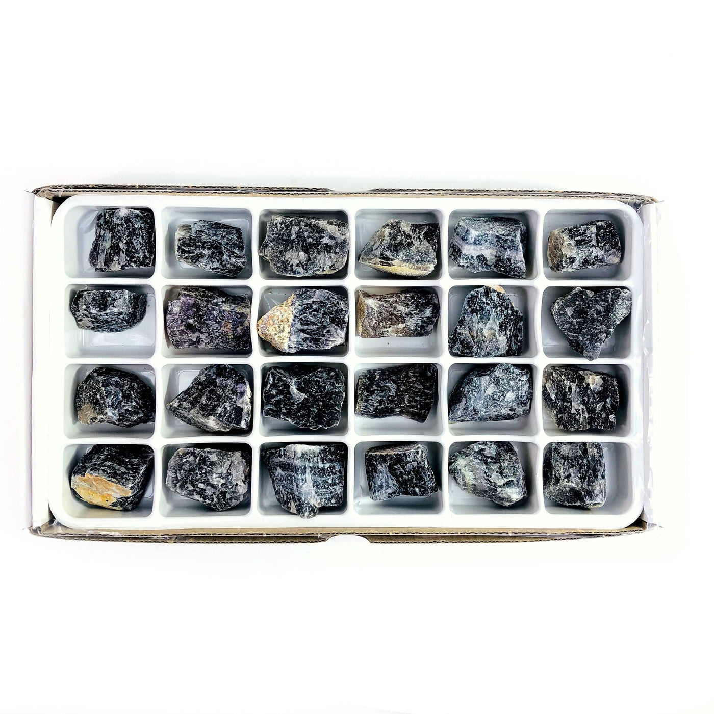 fluorite box displayed to show the 24 stones in different shapes and color