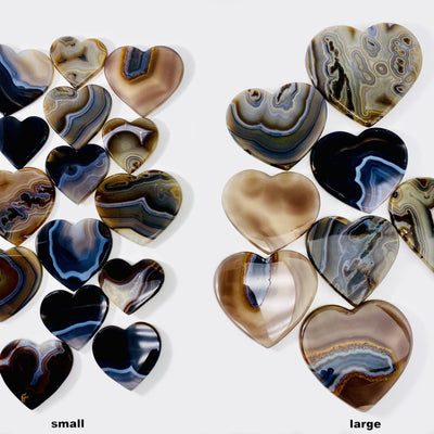Natural Agate Heart Slices shown in groups of small and large.