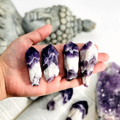 Four amethyst chevron points are being held for size reference. 