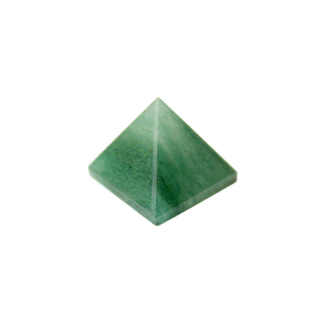 up close shot of green aventurine pyramid on white background