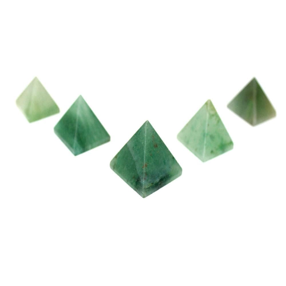 5 green aventurine pyramids in a triangular formation on white background