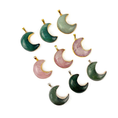 Gemstone Moon Crescent Pendant with Electroplated Edge in Green Aventurine and Rose Quartz