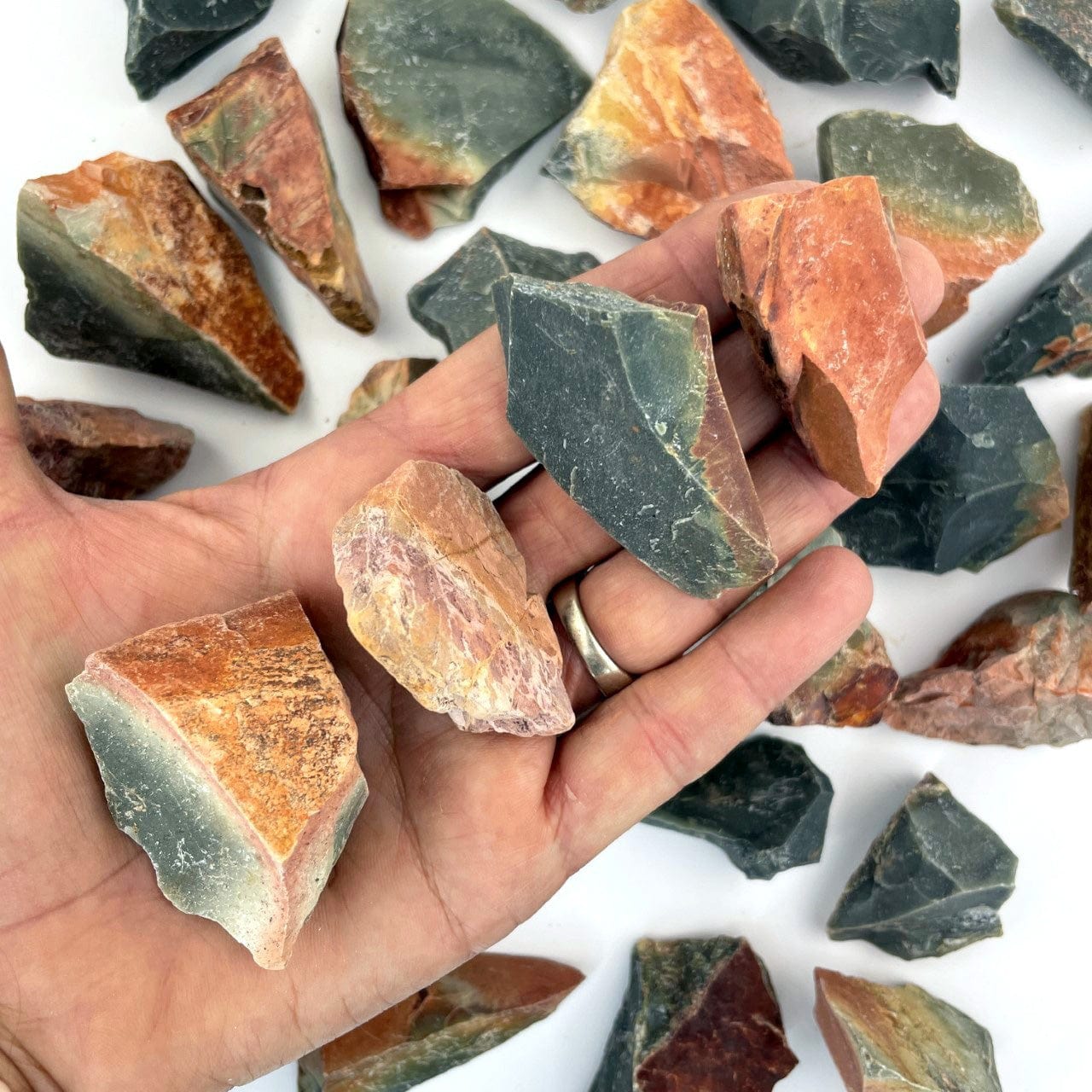 Polychrome Jasper Rough Chunks with 4 in the hand for size reference