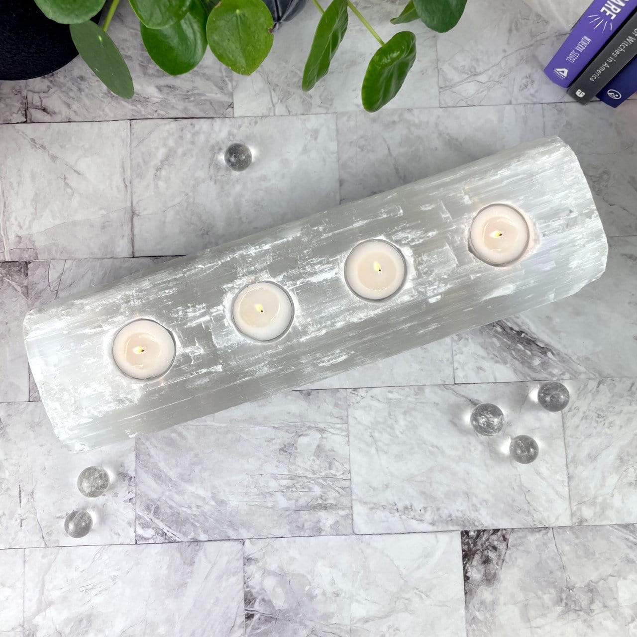 overhead view of 4 votive selenite candle holder
