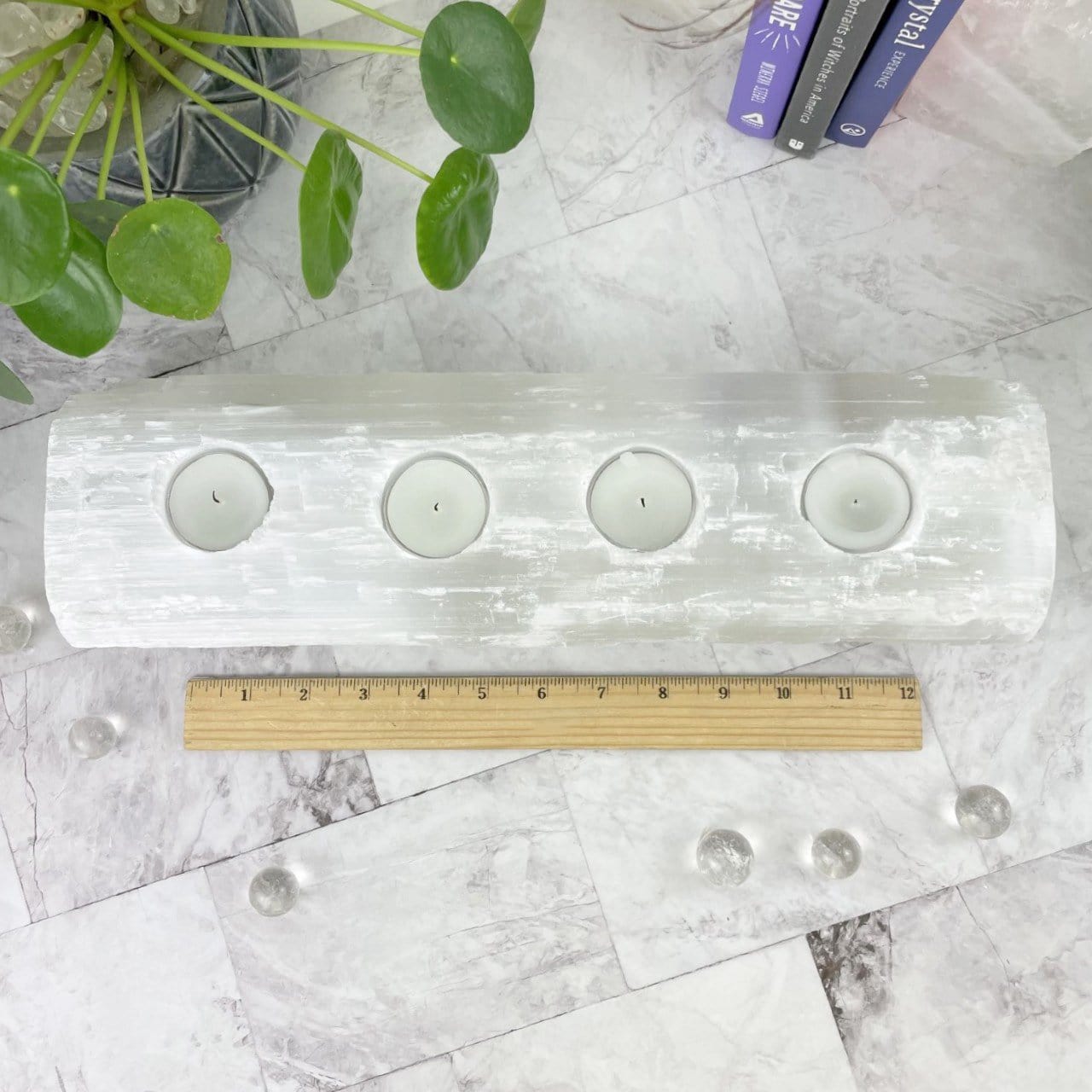4 votive selenite candle holder with ruler for size reference