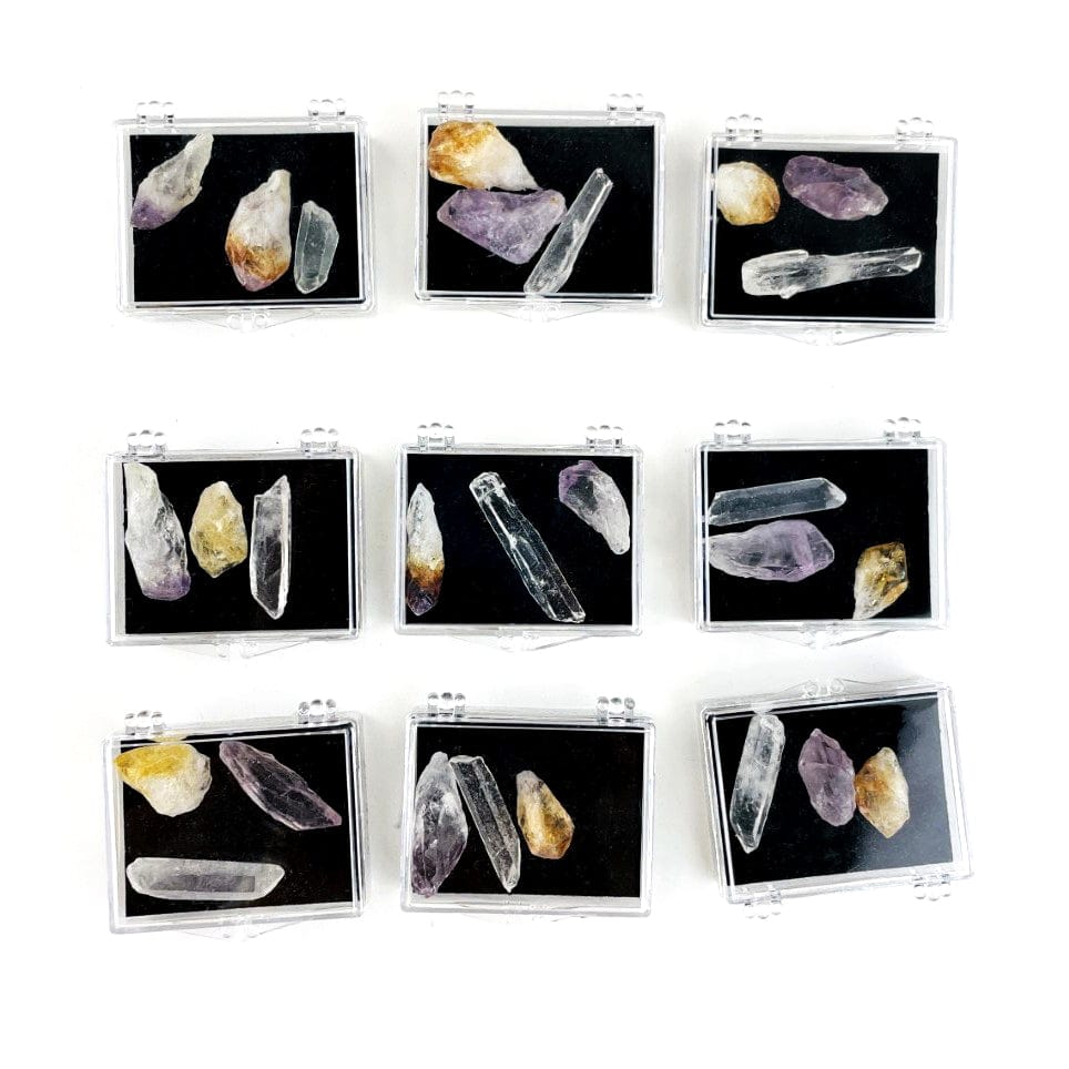 9 boxes of Natural Mineral Points - Amethyst Crystal Quartz and Citrine showing varying size and shapes of stones