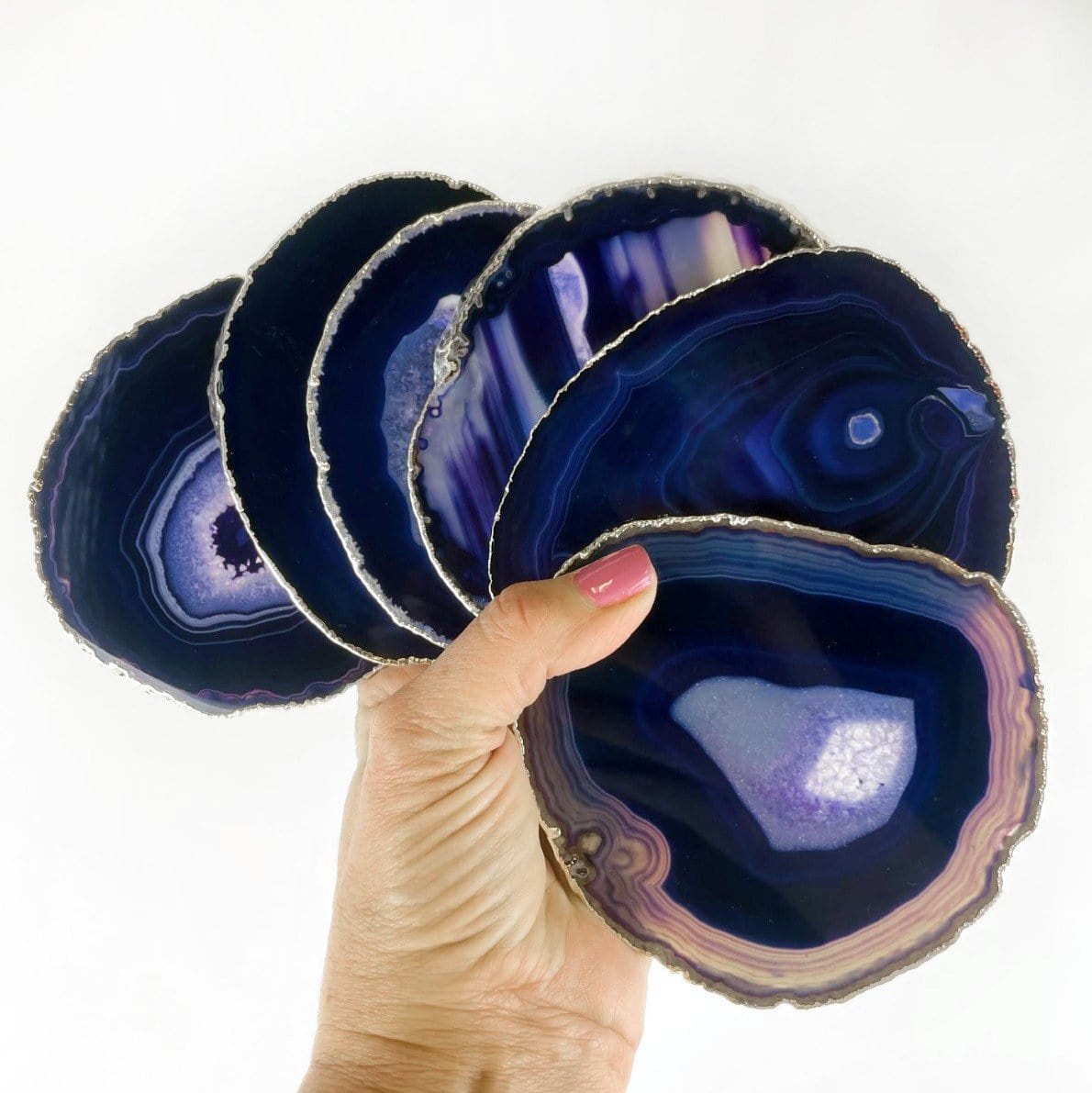 Purple Agate Coasters Set - 24k Gold or Silver Electroplated Edges--front shot view of coasters in hand for size comparison.