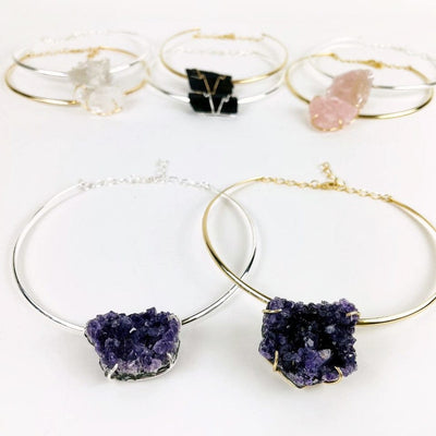 Amethyst Cluster choker in gold and silver up close with others options in background