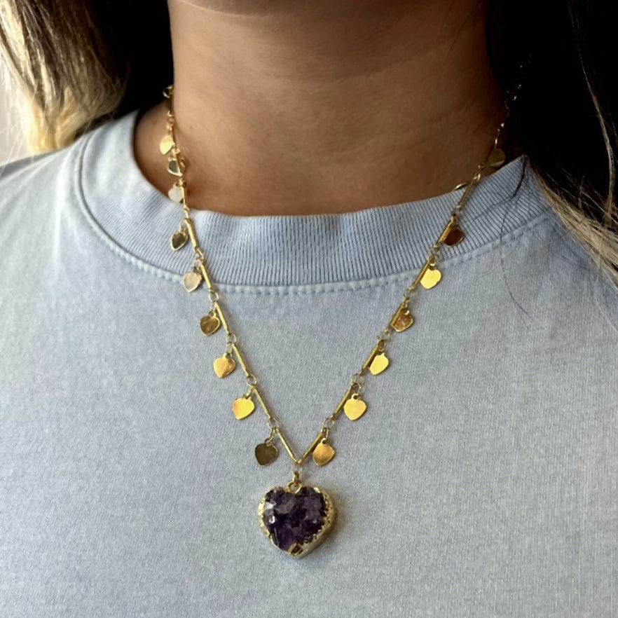 Amethyst Druzy Heart - Sweetheart Necklace with Heart Dangle Chain