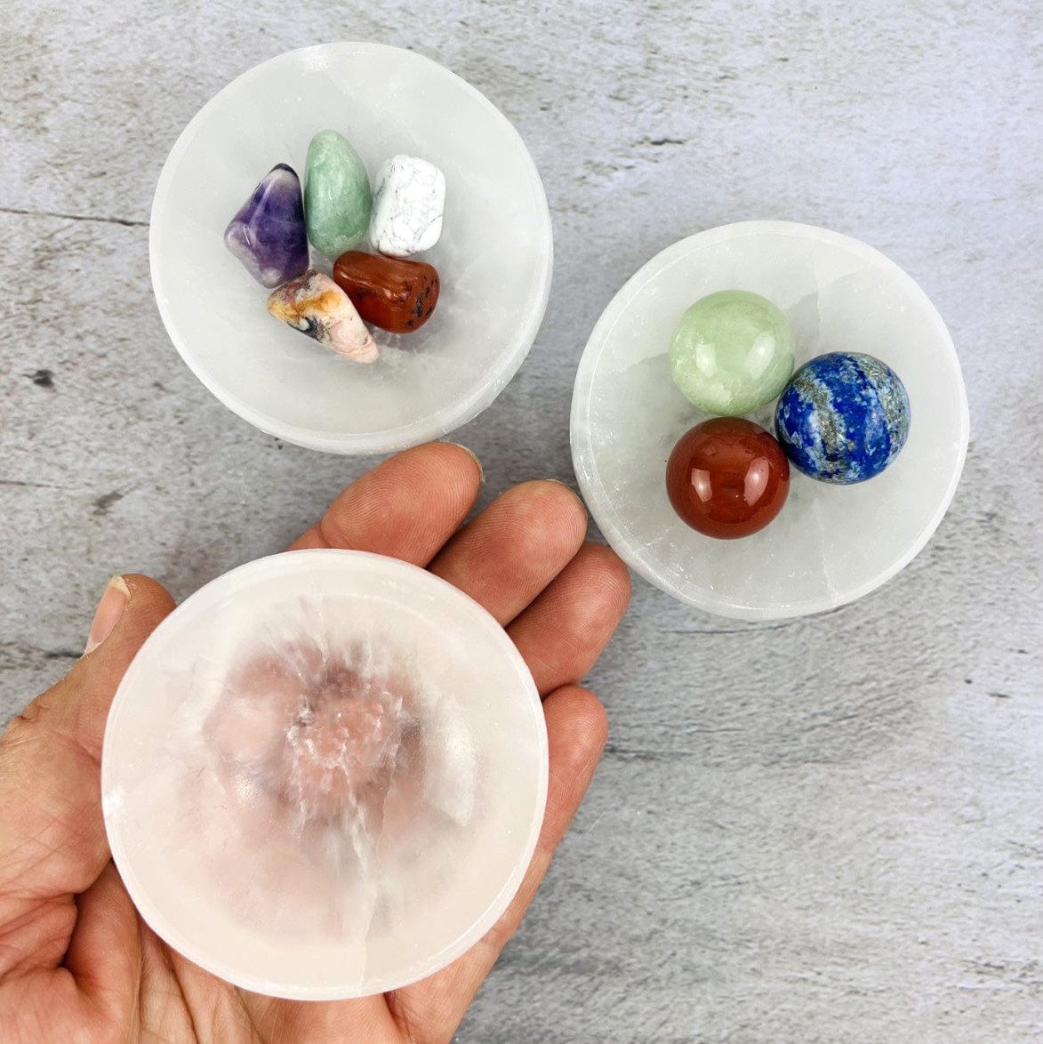 3 Selenite Bowl - 6-7cm - Charging Stations with stones in them, and 1 in a hand for size