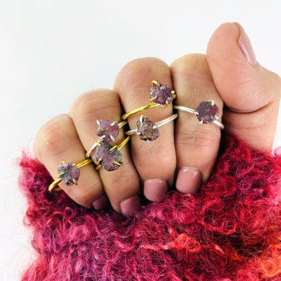 Ruby Gemstone Rings in Gold over Sterling Silver and Sterling Silver, shown on hand