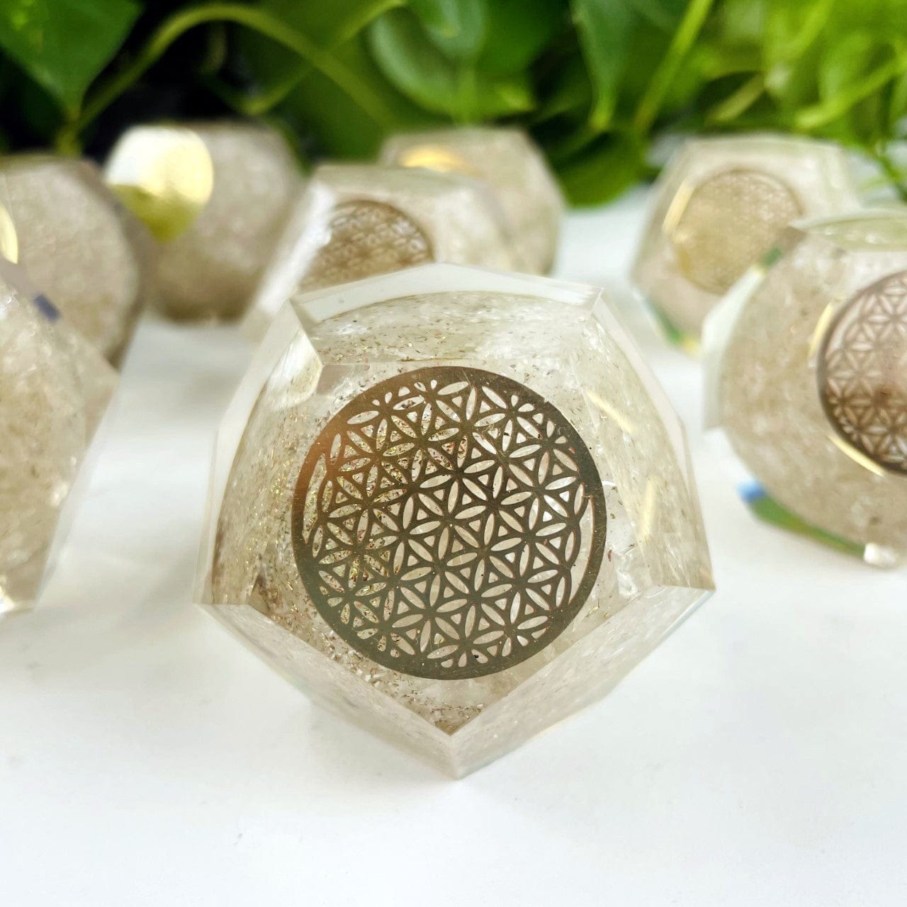 Orgone Energy - Crystal Quartz with Gold Flower of Life Grid - close up