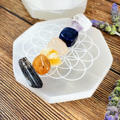 selenite hexagon engraved with flower of life chakras with stones for approximate size reference