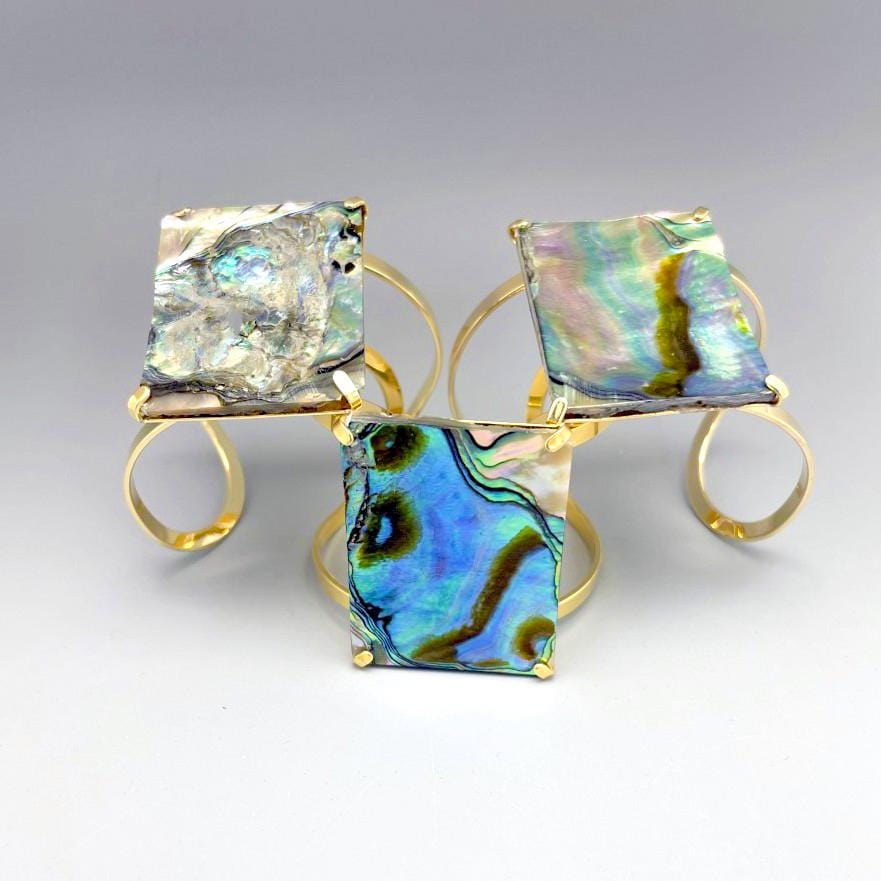 3 Abalone Geometric Cuff in Gold Electroplate displaying the front side.