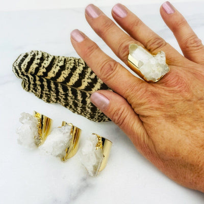 Crystal Cluster Ring with 24k Gold Electroplated Band (5Brownshelf-95) in a hand for size reference