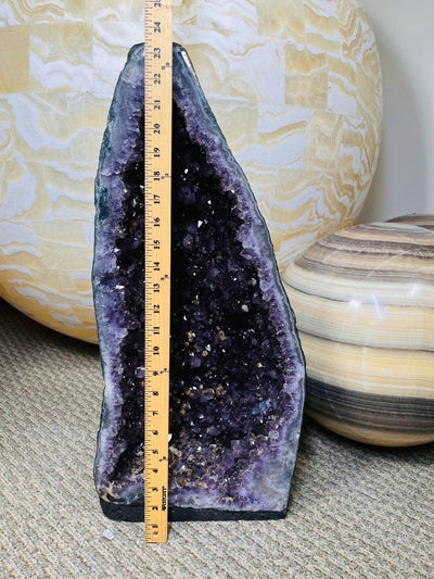 Amethyst Cathedral with Deep Purple Crystals with a ruler for size relence