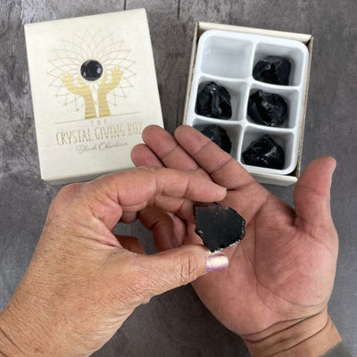 Crystal Giving Box - Set of 6 stones of Obsidian with a hand giving to another hand