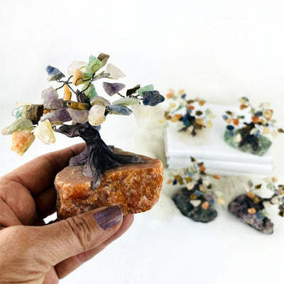 Gemstone Assorted Crystal Trees with Rough Stone Base a hand holding the orchid calcite base tree