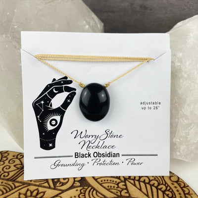 black Obsidian worrystone necklace on a card