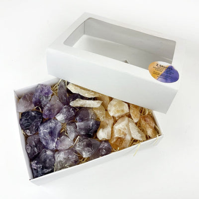 Amethyst and Citrine (Golden Amethyst)  Pieces in Window Box with Lid ajar