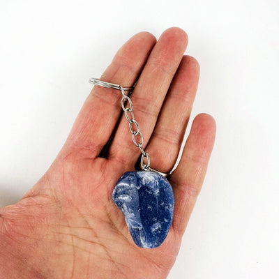 Blue Quartz Polished Freeform Silver Toned Key Chain - Tumbled Blue Stone in a hand for size reference
