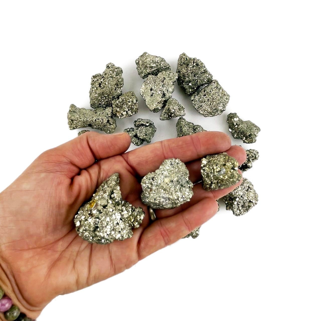 Hand holding 3 Rough Pyrite pieces with more in the background