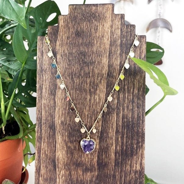 Amethyst Druzy Heart on Sweetheart Necklace with Heart Dangle Chain in Goldl