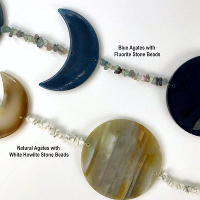 Blue agate moon phase shapes with the filler beads of fluorite and natural agate with the white howlite beads