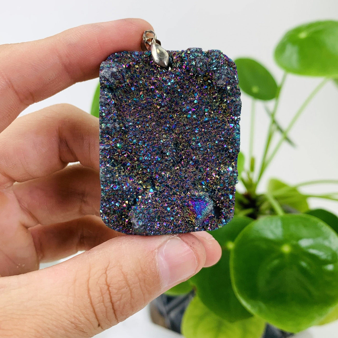 Close up photo to  the largest pendant for this rainbow titanium pendant lot listing. The item is being held for size reference and its also being displayed on a White back ground in front of an all natural green plant.