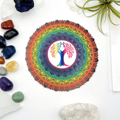 Crystal Grid Colorful Tree of Life - Wooden home decor--front shot view of wooden decor with multiple colors on table.